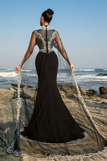 Sparkly Black Mermaid Appliqued Long Formal Dress with Detachable Cape